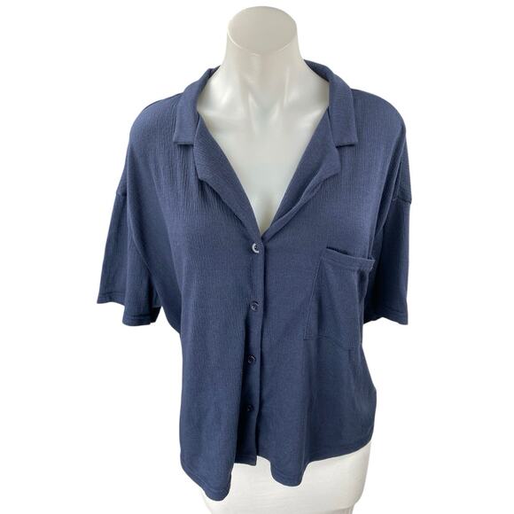 Tahari Women's Navy Blue Knit Short Sleeve Pocket Button Up Shirt Top Size L - Picture 1 of 4